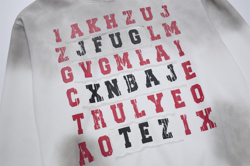 Letter Grid Oversized Hoodie – Acid-Washed Distressed Streetwear Pullover
