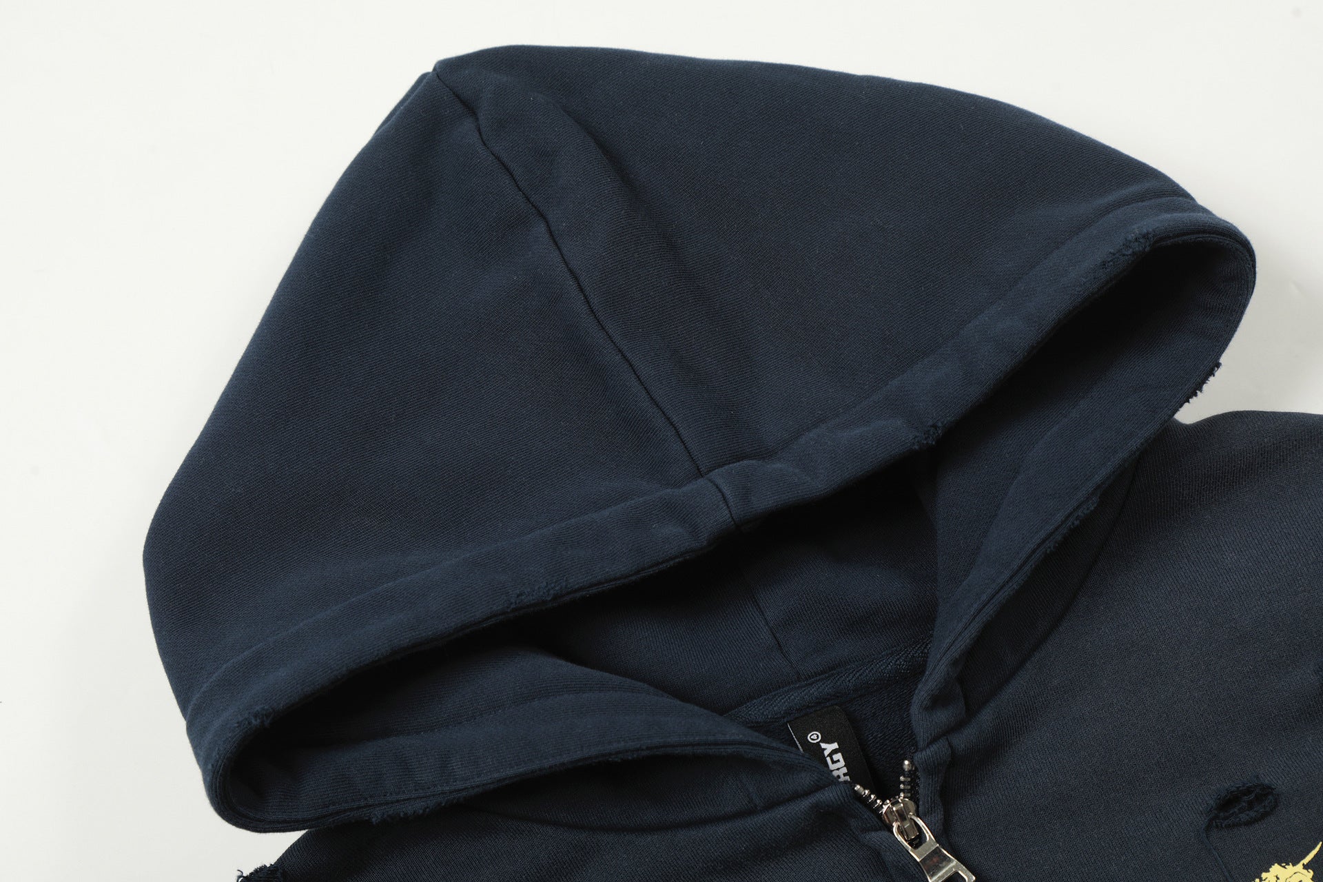 Distressed-Zip-Hoodie mit goldenem Wappenprint – Navy