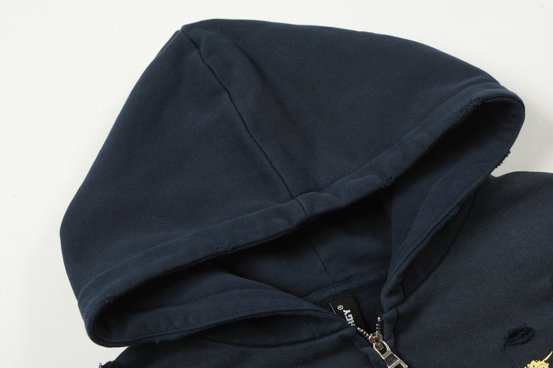 Distressed-Zip-Hoodie mit goldenem Wappenprint – Navy