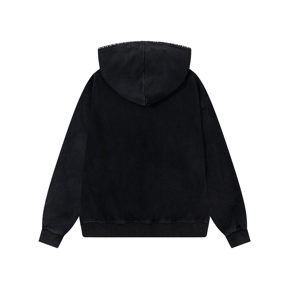 Hoodie zippé avec bordure en strass et double zip — Streetwear délavé