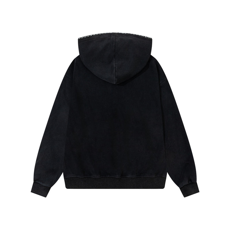 Hoodie zippé avec bordure en strass et double zip — Streetwear délavé