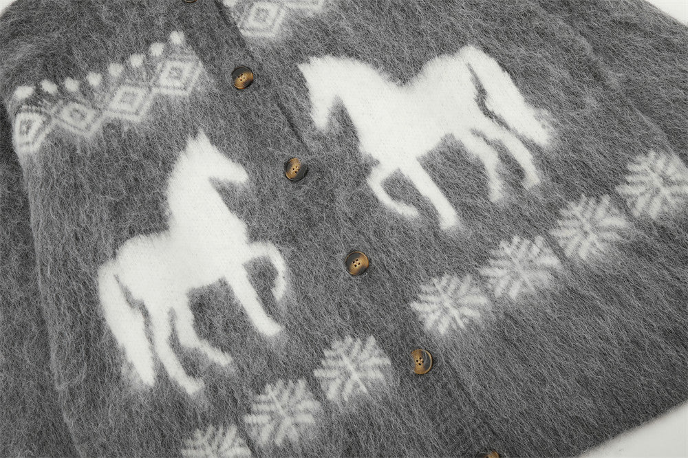 Cárdigan de Punto Jacquard con Caballos – Jersey Oversize de Punto Fair Isle con Botones