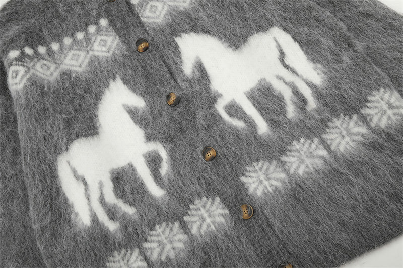 Cárdigan de Punto Jacquard con Caballos – Jersey Oversize de Punto Fair Isle con Botones
