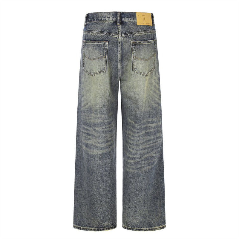 Wide-Leg Jeans Men's American Vintage Washed Distressed Denim Pants