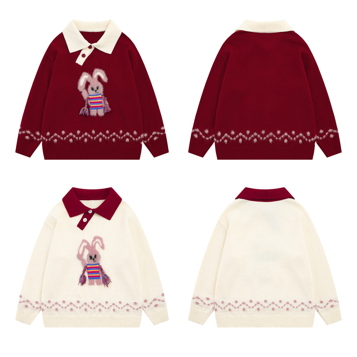 Cute Rabbit Jacquard Polo Collar Knit Sweater – Fluffy Bunny Graphic Pullover