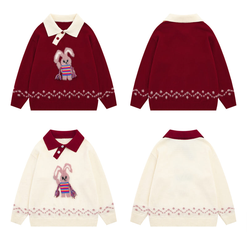 Cute Rabbit Jacquard Polo Collar Knit Sweater – Fluffy Bunny Graphic Pullover