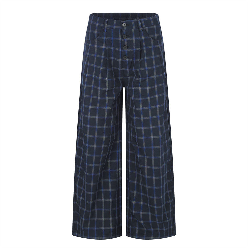 Men's navy windowpane plaid wide-leg trousers with exposed button-fly and high-rise waist, front and back view
