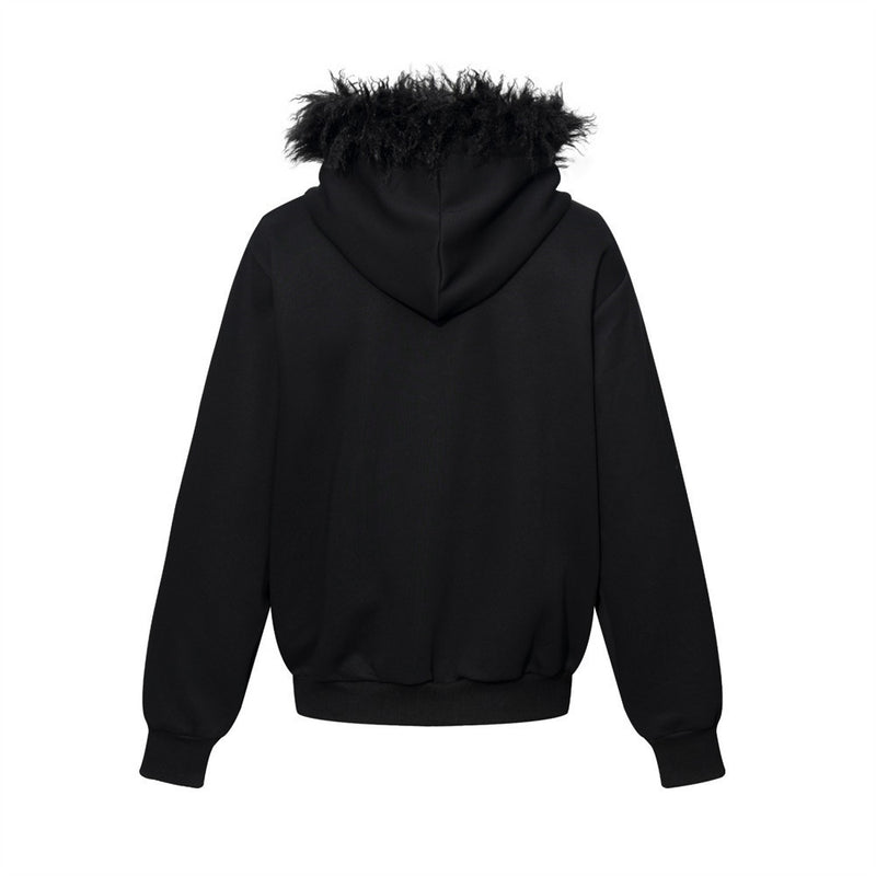 Sweat à capuche noir zippé avec col en fausse fourrure et détails cloutés métalliques