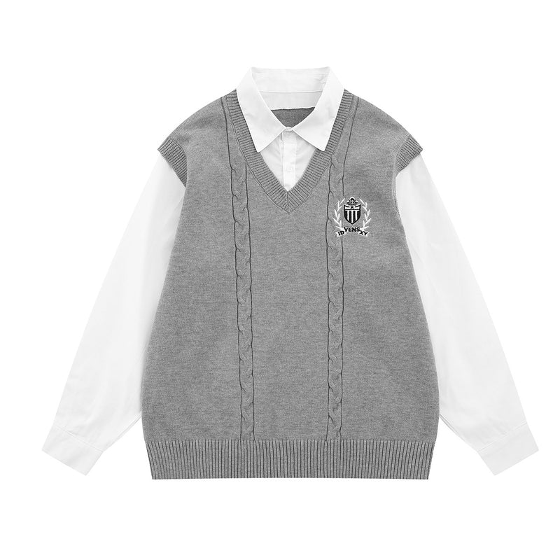 Cable Knit Sweater Vest Layered Shirt with Tie – Collegiate Preppy Style