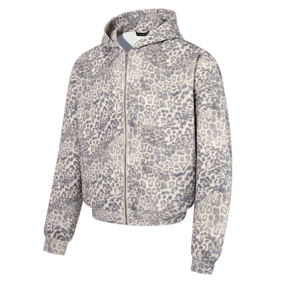 Hoodie zippé à imprimé léopard – Sweat-shirt streetwear oversize délavé