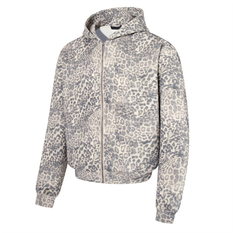 Hoodie zippé à imprimé léopard – Sweat-shirt streetwear oversize délavé