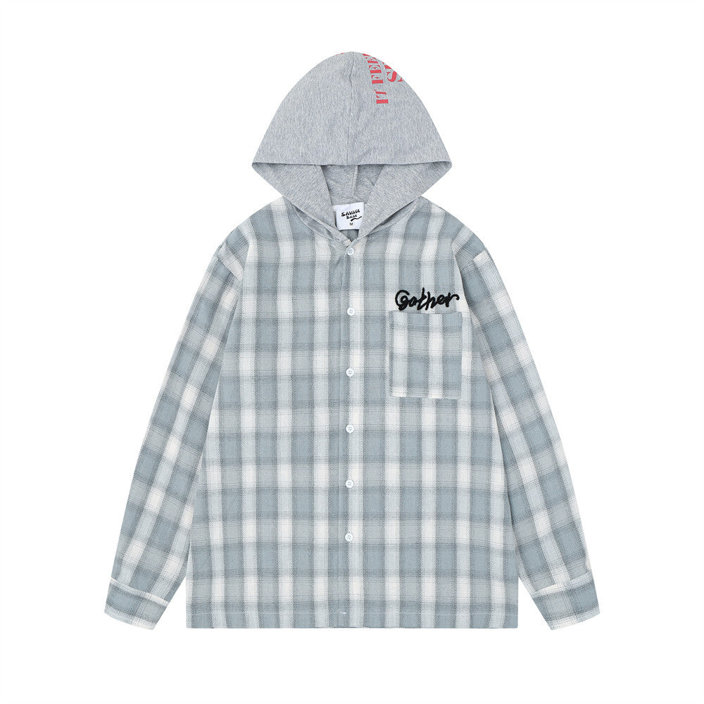Men's oversized plaid hooded shirt with grey jersey hood and Gather cursive embroidery on chest, grey-blue colorway