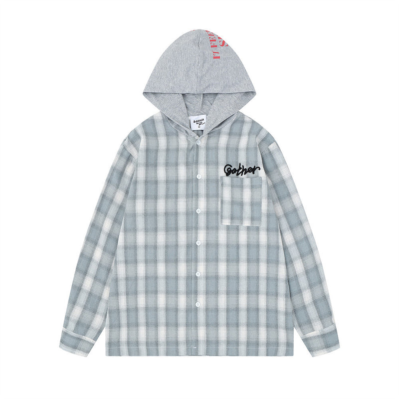 Men's oversized plaid hooded shirt with grey jersey hood and Gather cursive embroidery on chest, grey-blue colorway