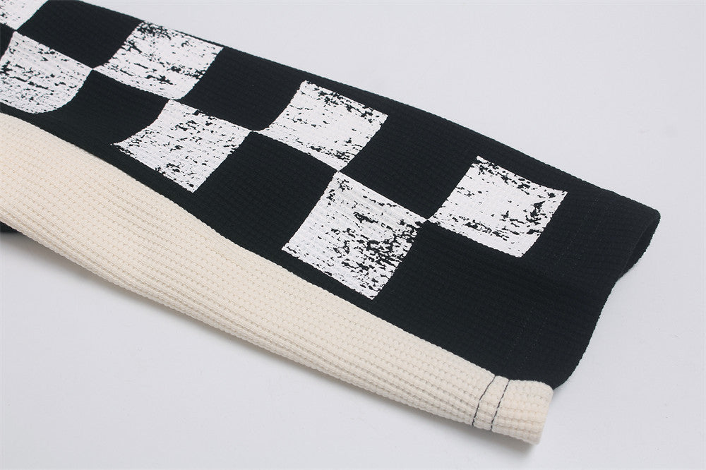 Racing Horse Graphic Long Sleeve Waffle Shirt – Colorblock Motorsport Print Top