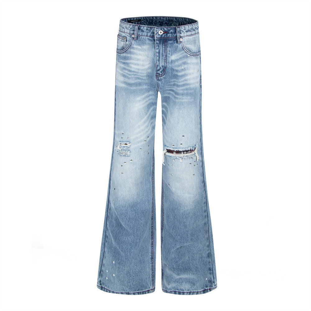 Men's light blue distressed flare jeans with plaid patch knee rips and wide-leg silhouette, front and back view