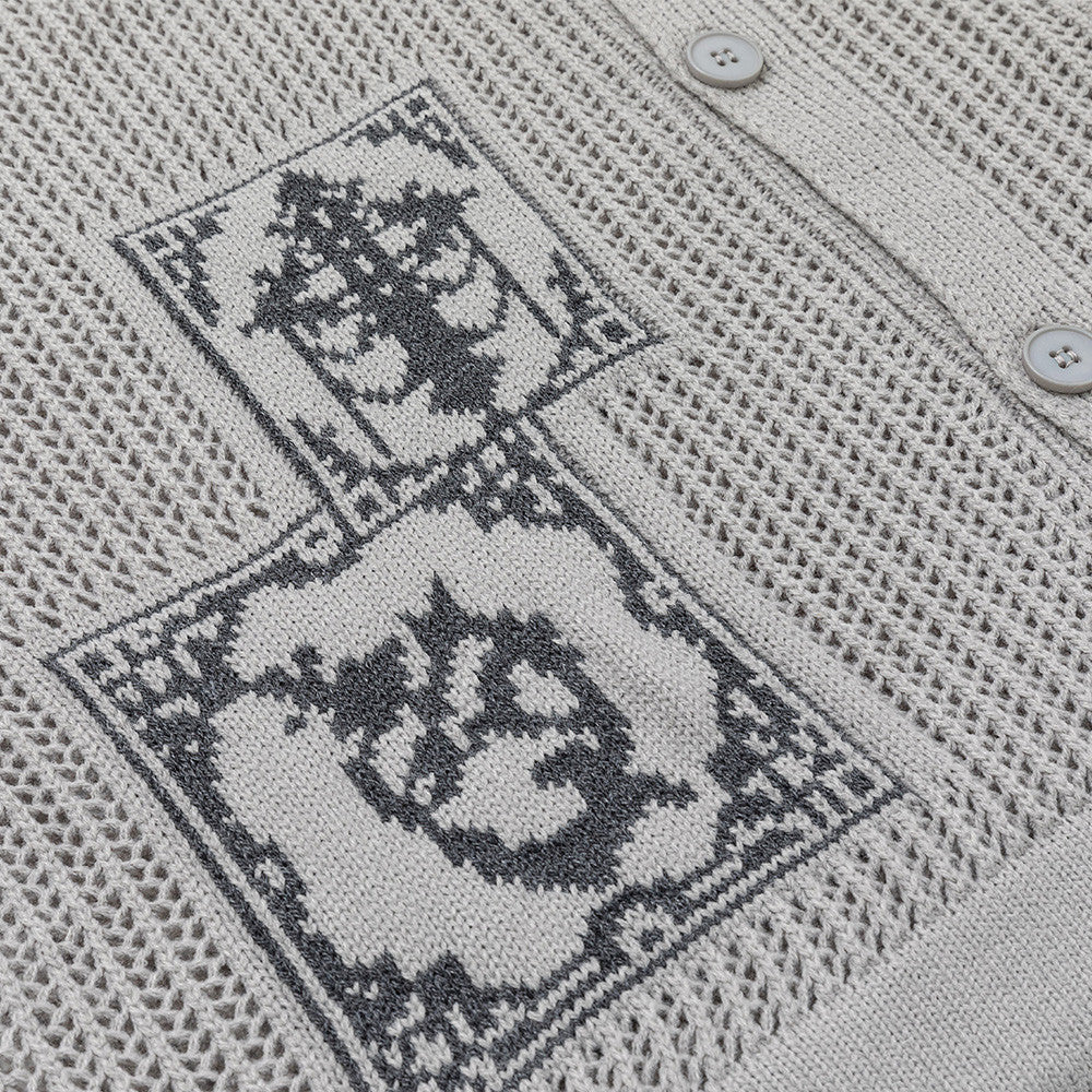Jacquard Open-Knit Cardigan Sweater – Relaxed Fit with Graphic Tile Pattern