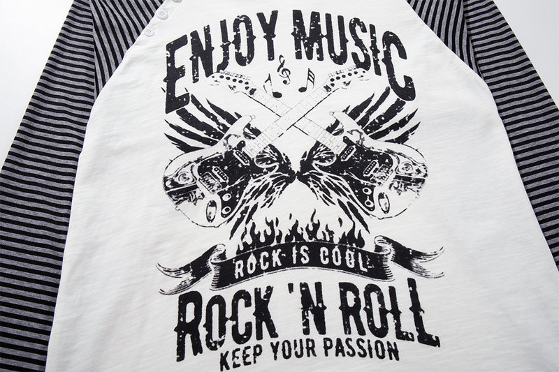 Long Sleeve Raglan Shirt – Rock 'N Roll Graphic, Black & White Striped Sleeves