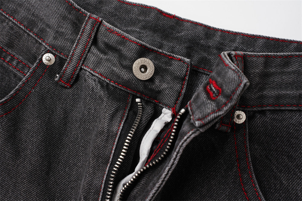 Wide Leg Jeans with Wing & Star Back Print, Red Contrast Stitching