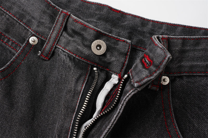 Wide Leg Jeans with Wing & Star Back Print, Red Contrast Stitching