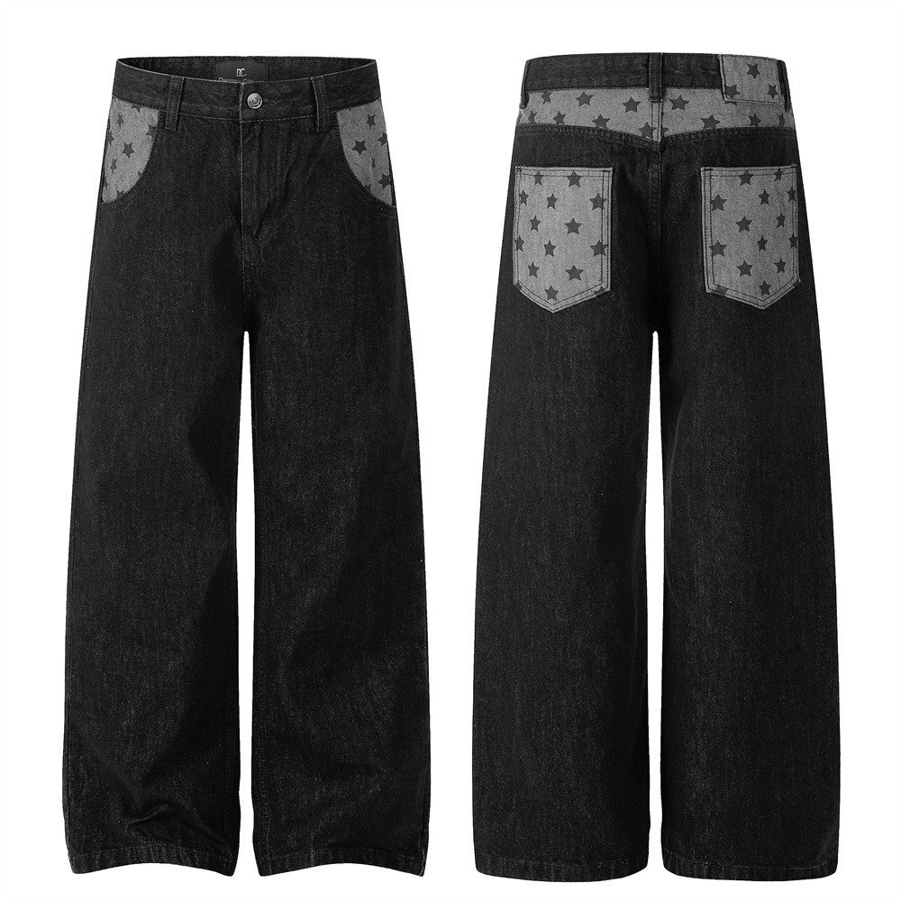 Men's Black Wide-Leg Jeans with Star-Print Contrast Pockets