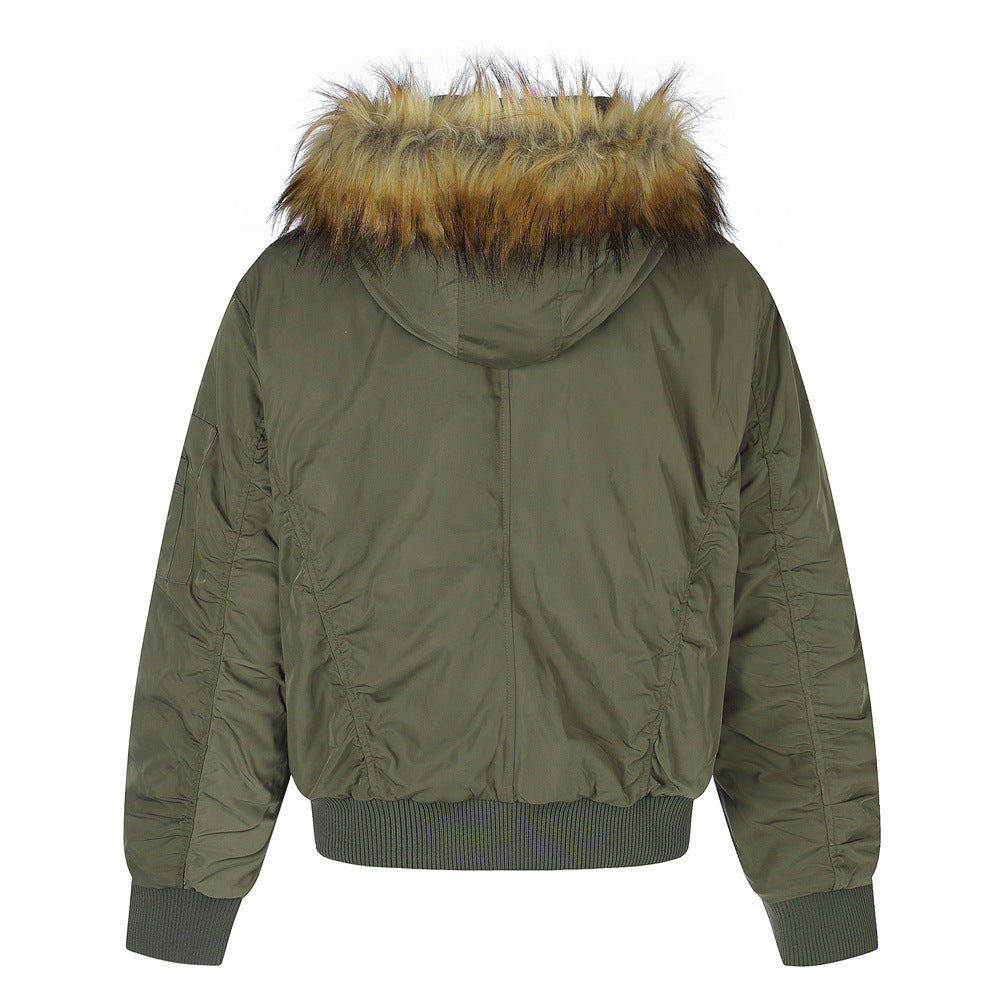Men's Hooded Bomber Jacket with Detachable Fur-Trim Hood & Military Button