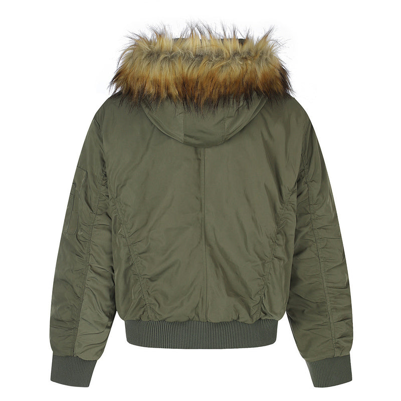 Men's Hooded Bomber Jacket with Detachable Fur-Trim Hood & Military Button