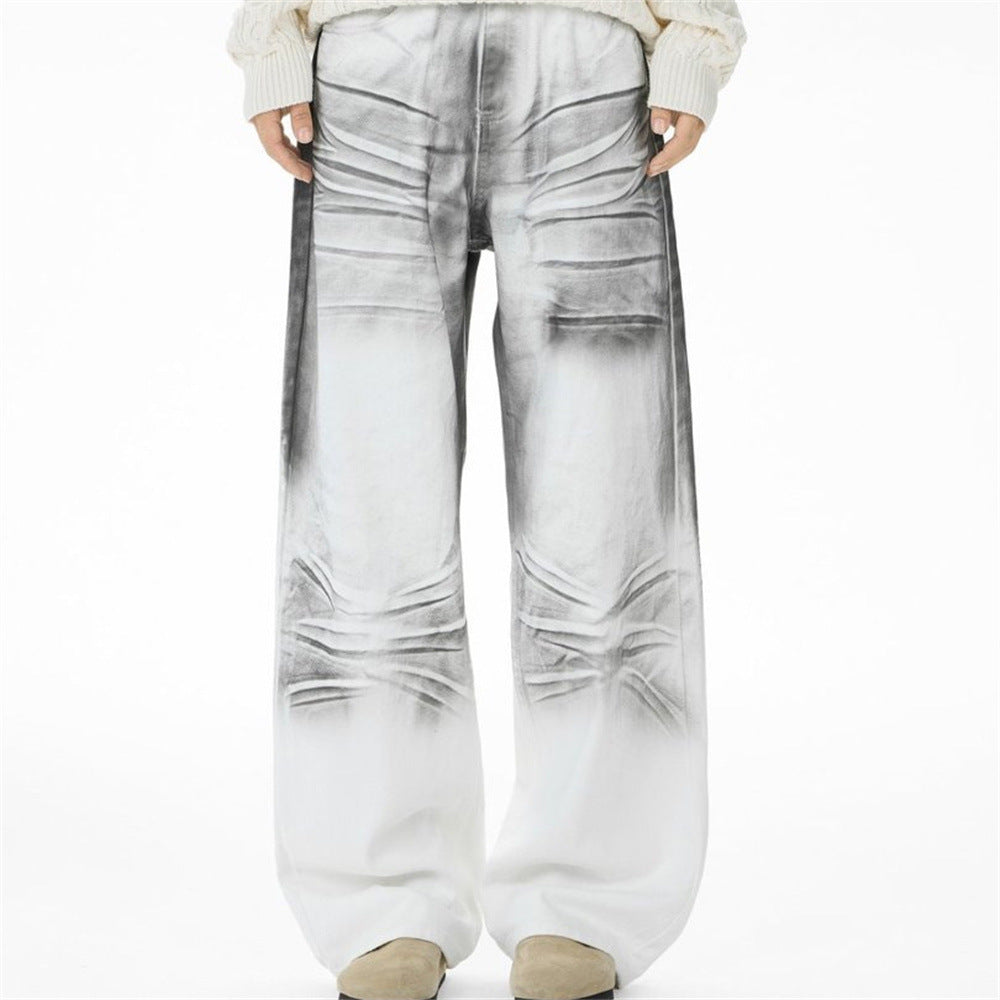 Men's Wide-Leg Baggy Jeans – Ink Wash Gradient Crinkle Print, Straight Fit