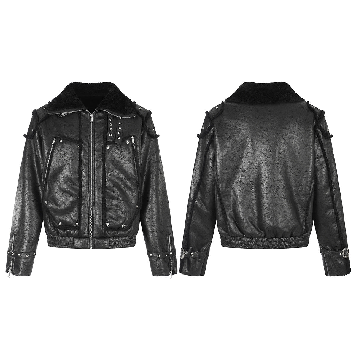 Black Faux Leather Bomber Jacket with Shearling Lining & Moto Hardware