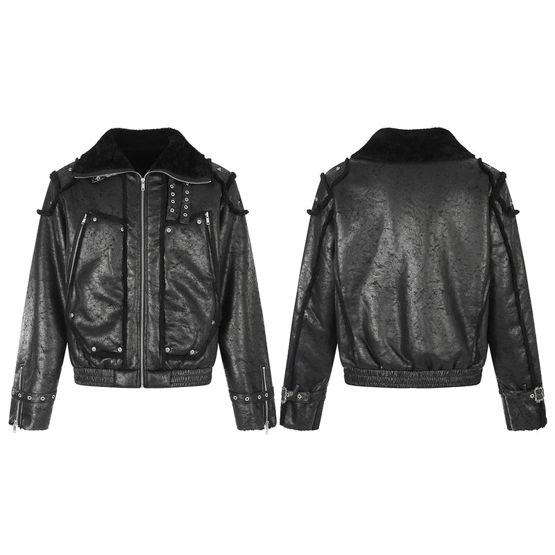 Black Faux Leather Bomber Jacket with Shearling Lining & Moto Hardware