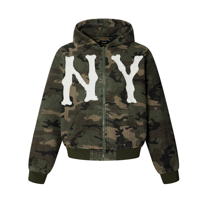 Camo NY Zip-Up Hoodie Jacket with Chenille Patch Letters