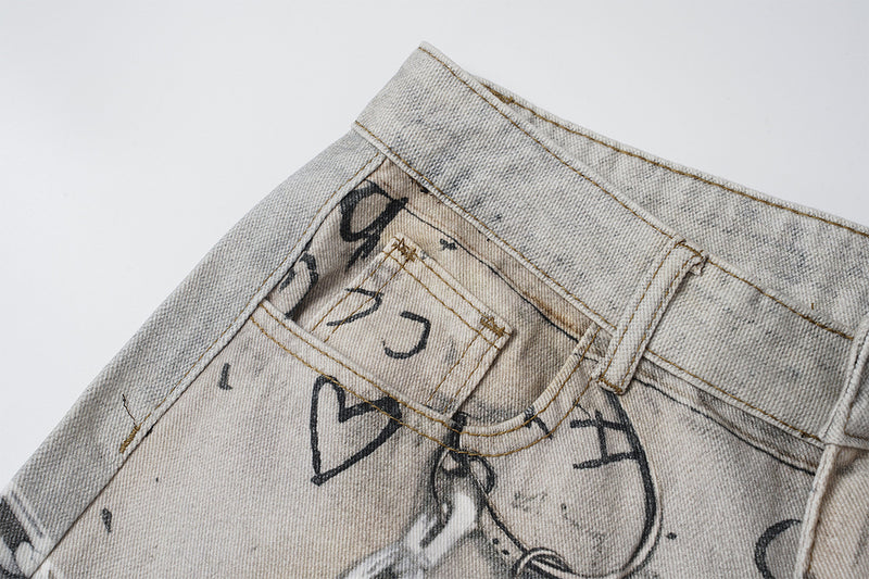Wide-Leg-Jeans mit Graffiti-Print, Schlüsselanhänger-Anhängern und Deko-Ketten