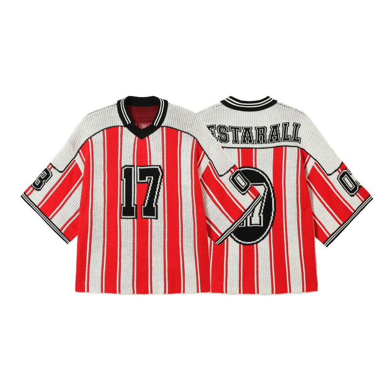 Oversized red and white striped V-neck knit sweater with embroidered number 17, front and back view