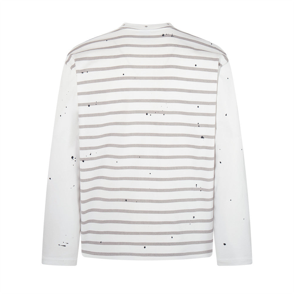 Oversized T-Shirt Men Striped Long Sleeve Paint-Splatter Script Logo Tee