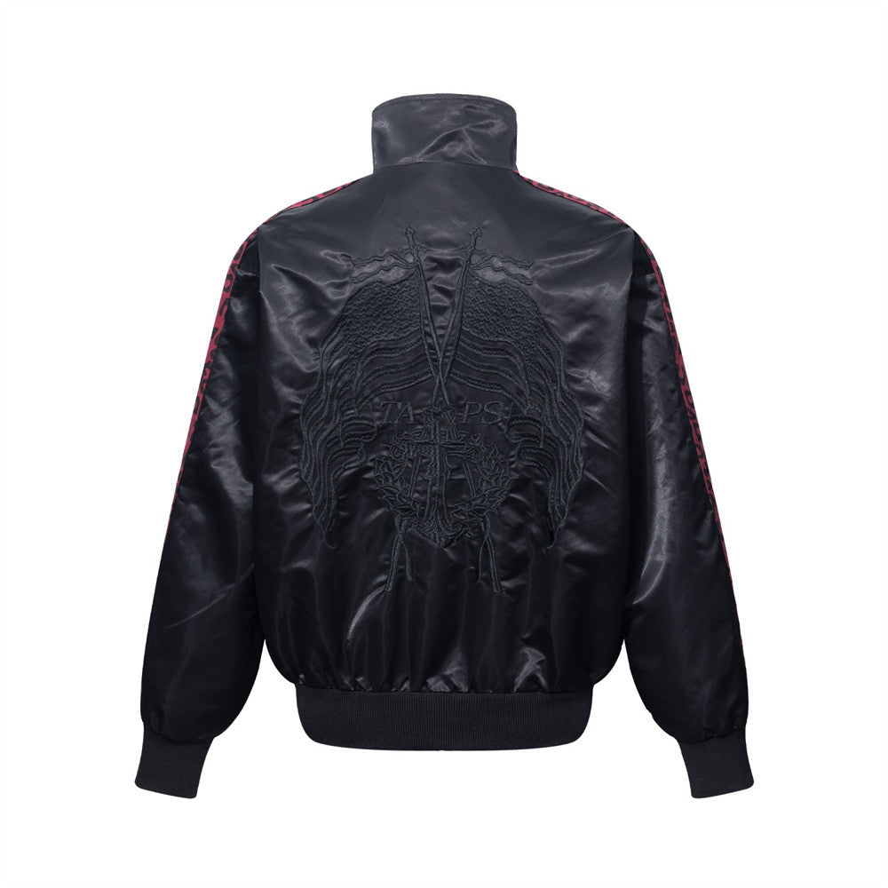 Men's Heavy Embroidery Stand Collar Satin Track Jacket with Tape Sleeves