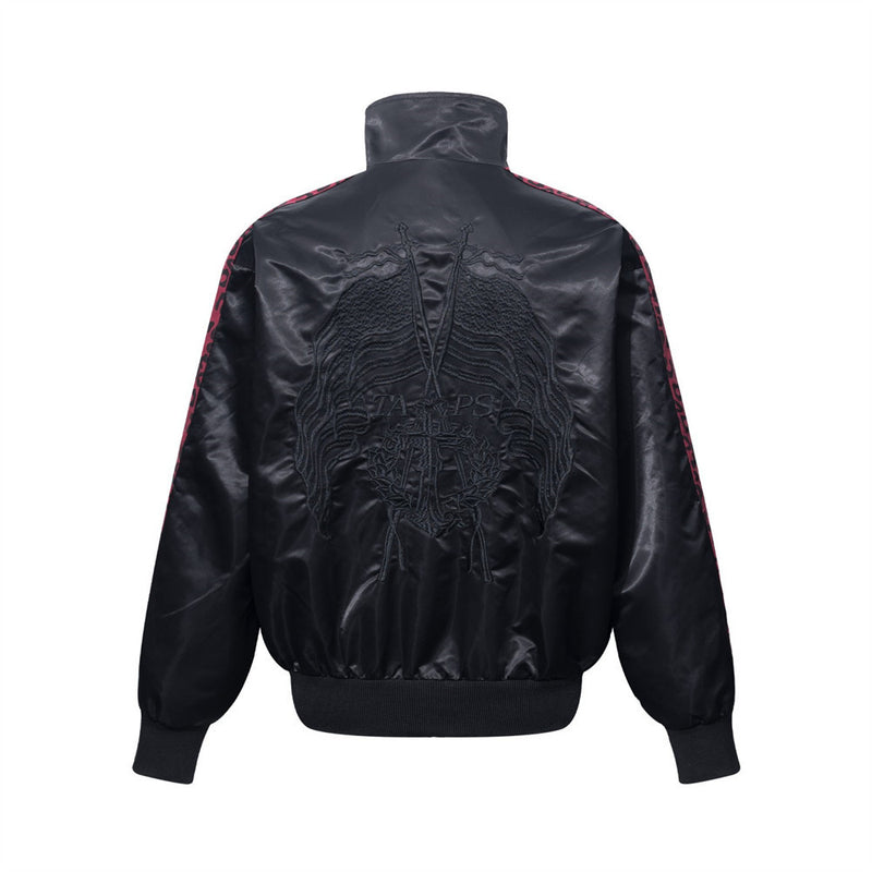 Men's Heavy Embroidery Stand Collar Satin Track Jacket with Tape Sleeves