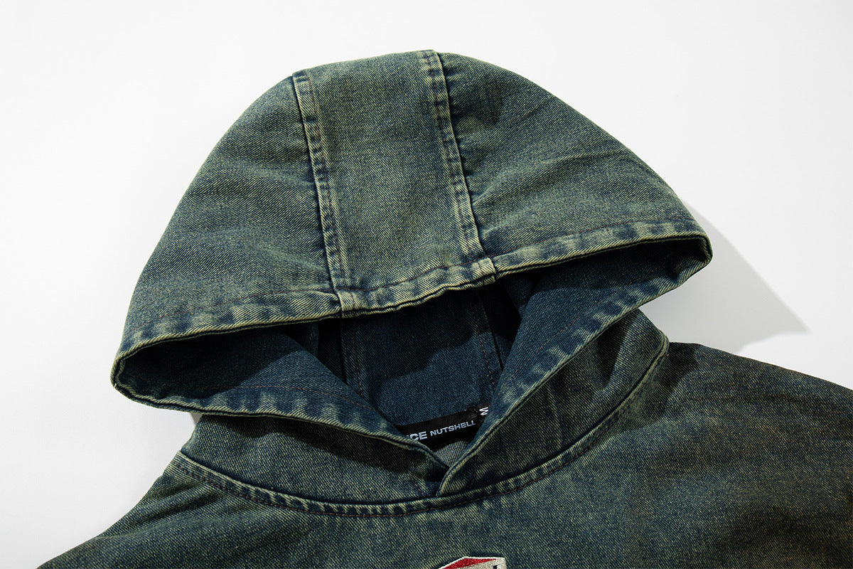 Boxy Washed Denim Hoodie Jacket with 88 Embroidered Patches