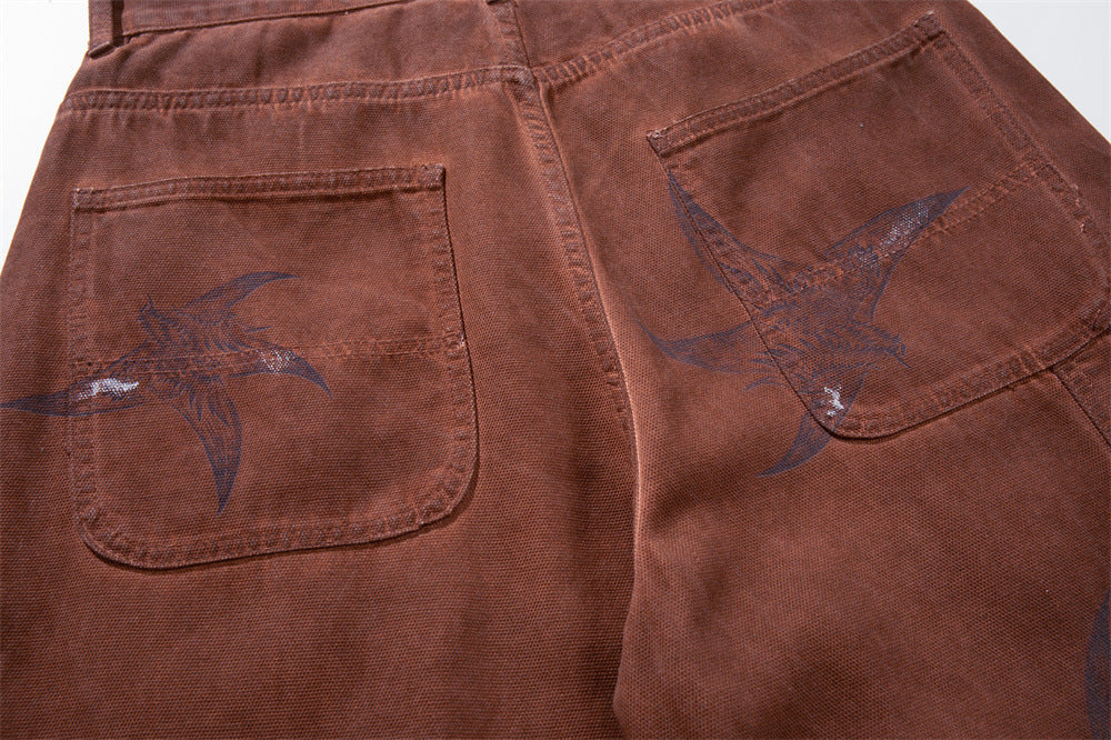 Wide-Leg Cargo Pants – Washed Brown Bird Print, Baggy Fit