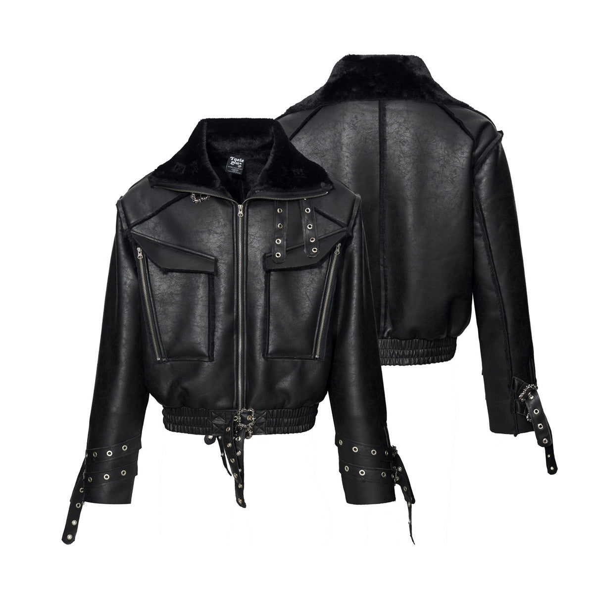 Leather Jacket with Fur Collar – Black Bomber Moto Jacket with Cargo Pockets &
