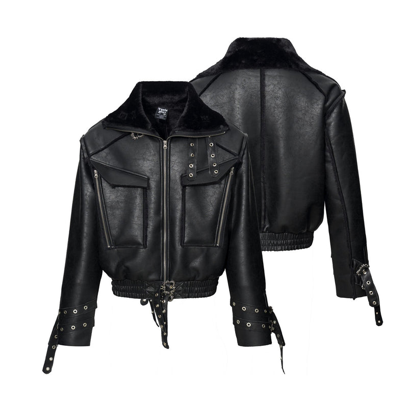 Leather Jacket with Fur Collar – Black Bomber Moto Jacket with Cargo Pockets &