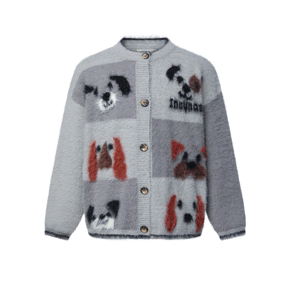 Oversized fuzzy knit cardigan sweater with cartoon dog breed intarsia graphics and colorblock panels in grey