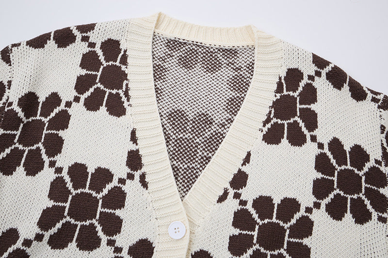 Cardigan-pull en maille à carreaux fleuris et col V – Bas oversize effiloché