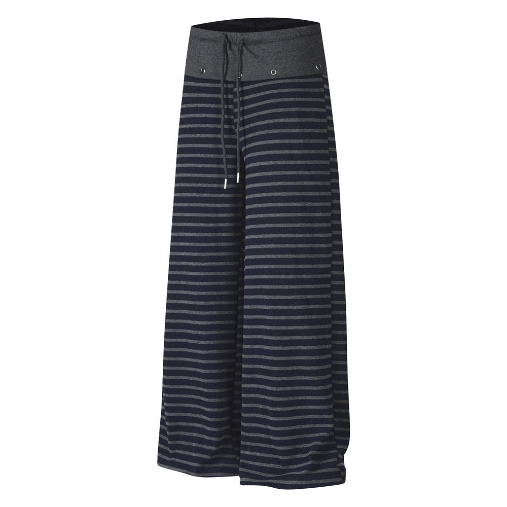 Men's wide-leg striped pants with contrast colorblock waistband and drawstring in Black-Grey colorway