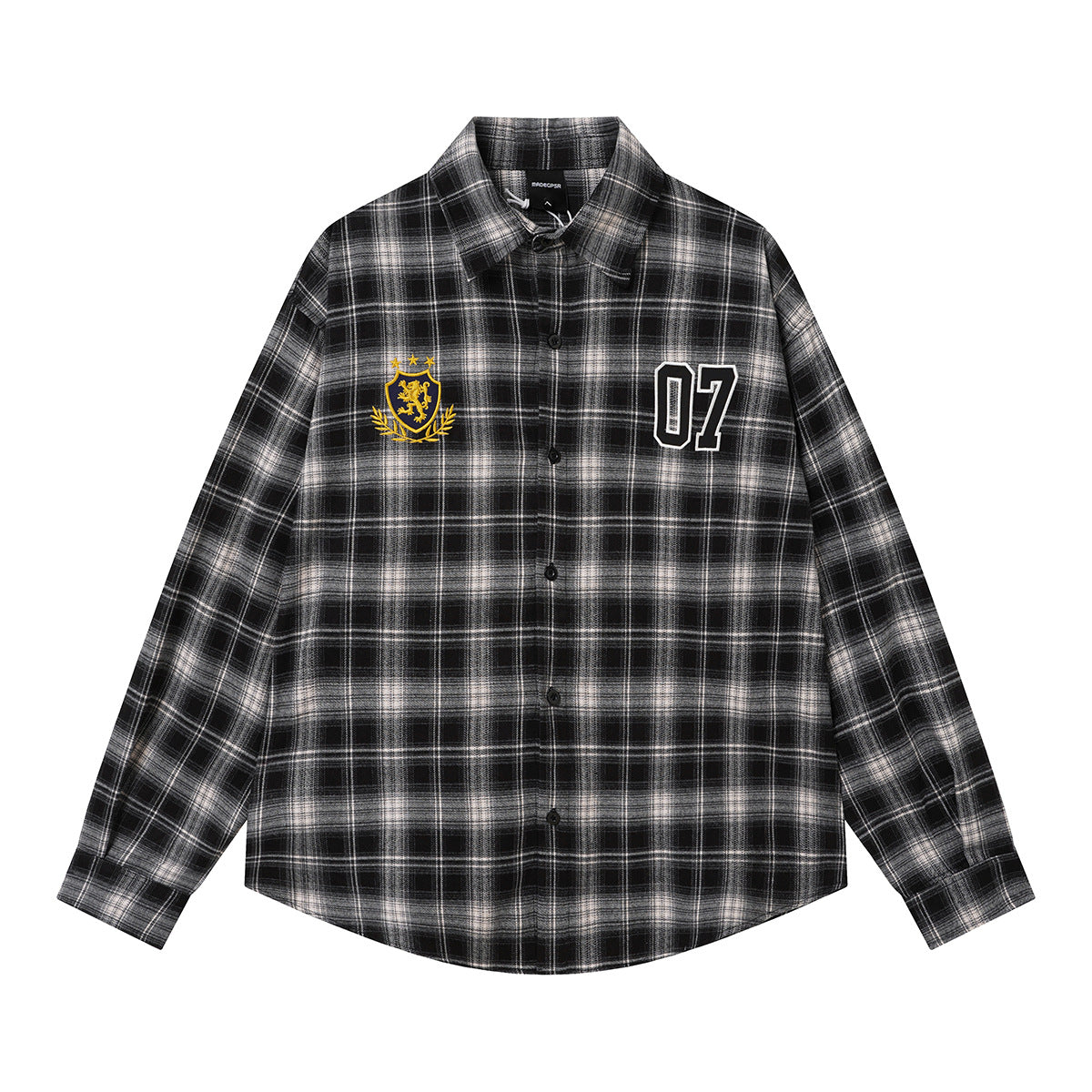 Kariertes Flanell-Overshirt mit Varsity-Emblem & Nummern-Grafik