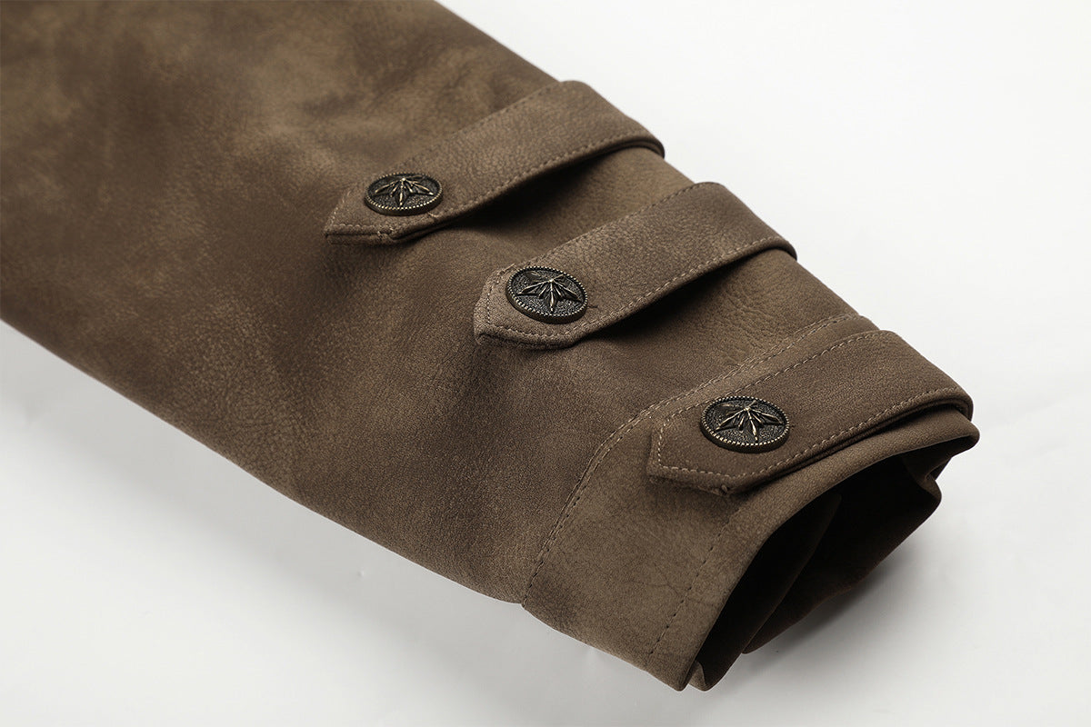 Cropped PU Suede Jacket with Military Metal Buttons & Stand Collar