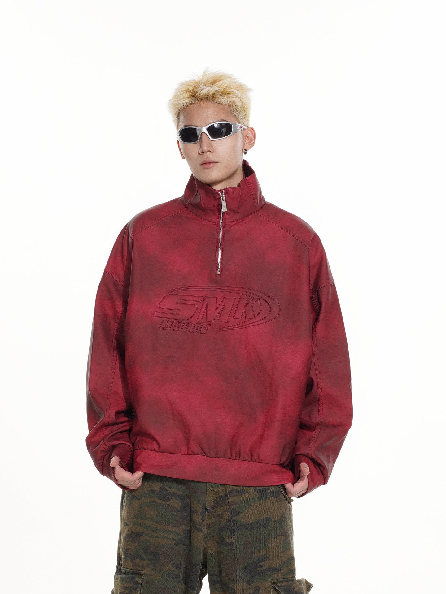 Sweat-shirt SMK à demi-zip – Col montant vintage effet délavé à l’acide