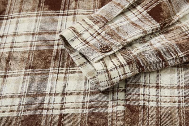 Plaid Flannel Shirt Jacket with Vintage Cartoon Embroidery – Washed Oversized