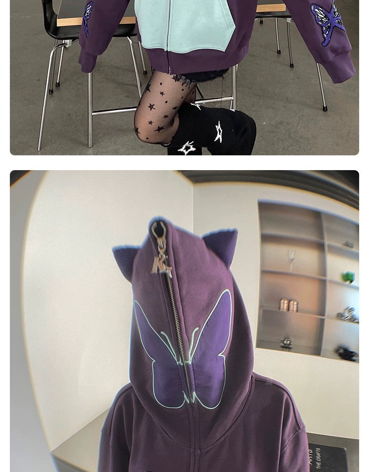 Top image: Person in purple hoodie and star-patterned tights. Bottom image: Seakoff&