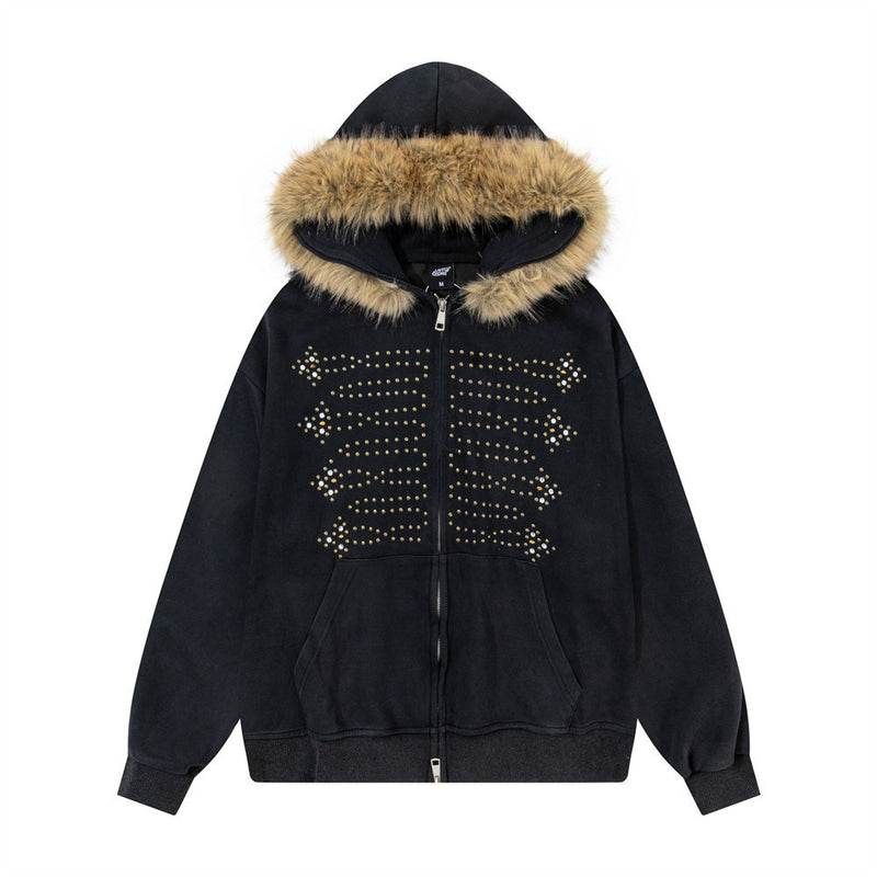 Fur-Trim Zip-Up Hoodie with Studded Skeleton Design – Oversized Streetwear