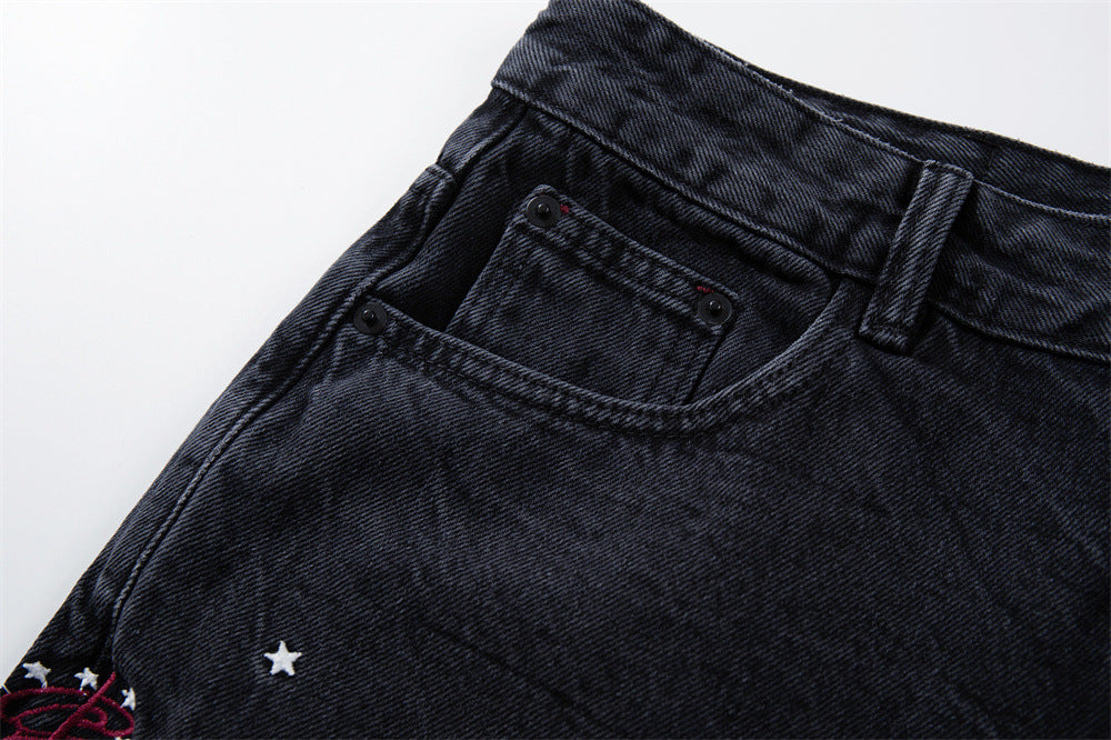 Star Embroidered Wide-Leg Jeans – Washed Black Denim with Side Floral Detail