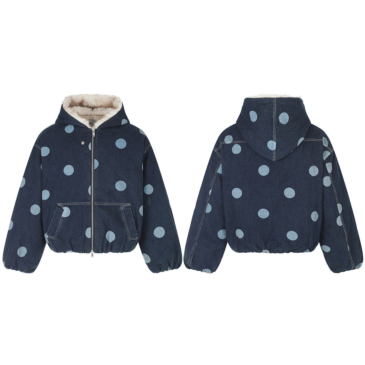 Polka Dot Denim Hooded Jacket with Sherpa Lining